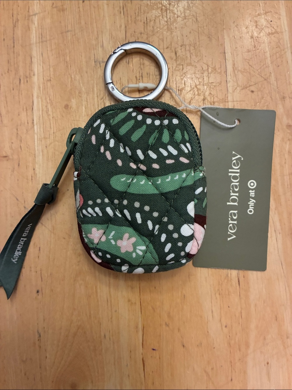 Vera Bradley Green Floral Quilted zippered Key Ring Case for AirPods, chapstick